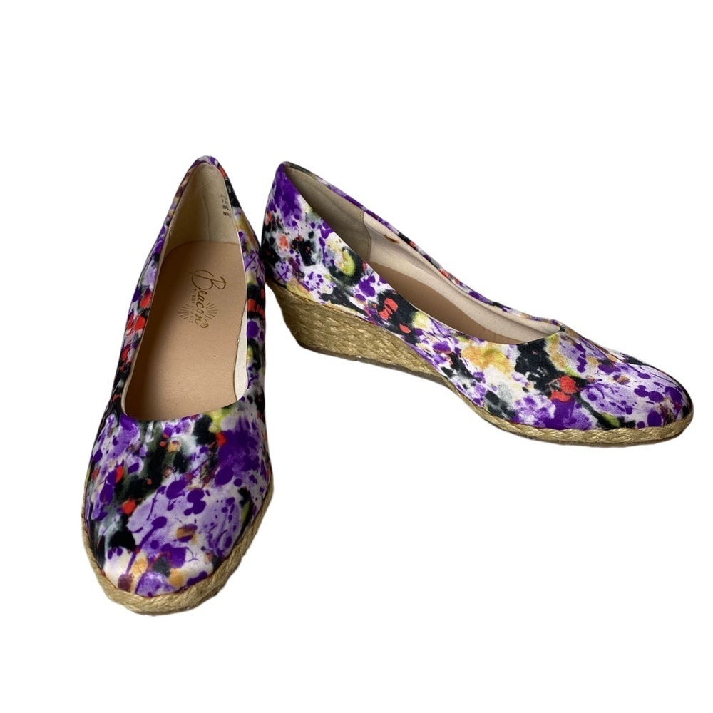 Beacon Purple Floral Motif Closed Toe Espadrille Wedges Ladies 7‎ Narrow Nwob